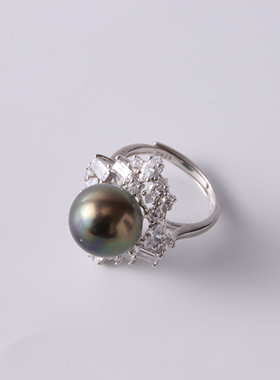 Manreya玛芮雅暗夜星辰大溪地黑珍珠银镀金戒指女开口可调节闪钻