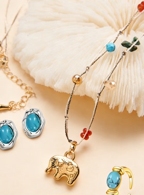 Manreya玛芮雅金象幻彩项链海沫凝戒戒指黛青之镜绿松石耳环套装