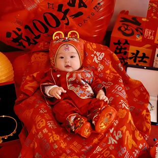 婴儿百福被子包单纯棉薄款初生大红抱被宝宝包巾出院包裹巾抱毯子