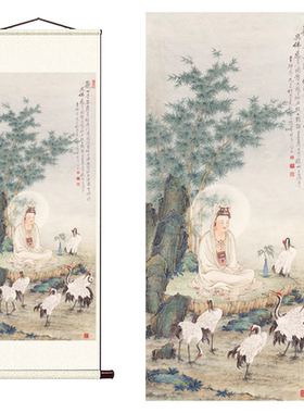 夏荆山竹林观音佛像唐卡高清微喷古代书画原大复制品工笔人物画稿