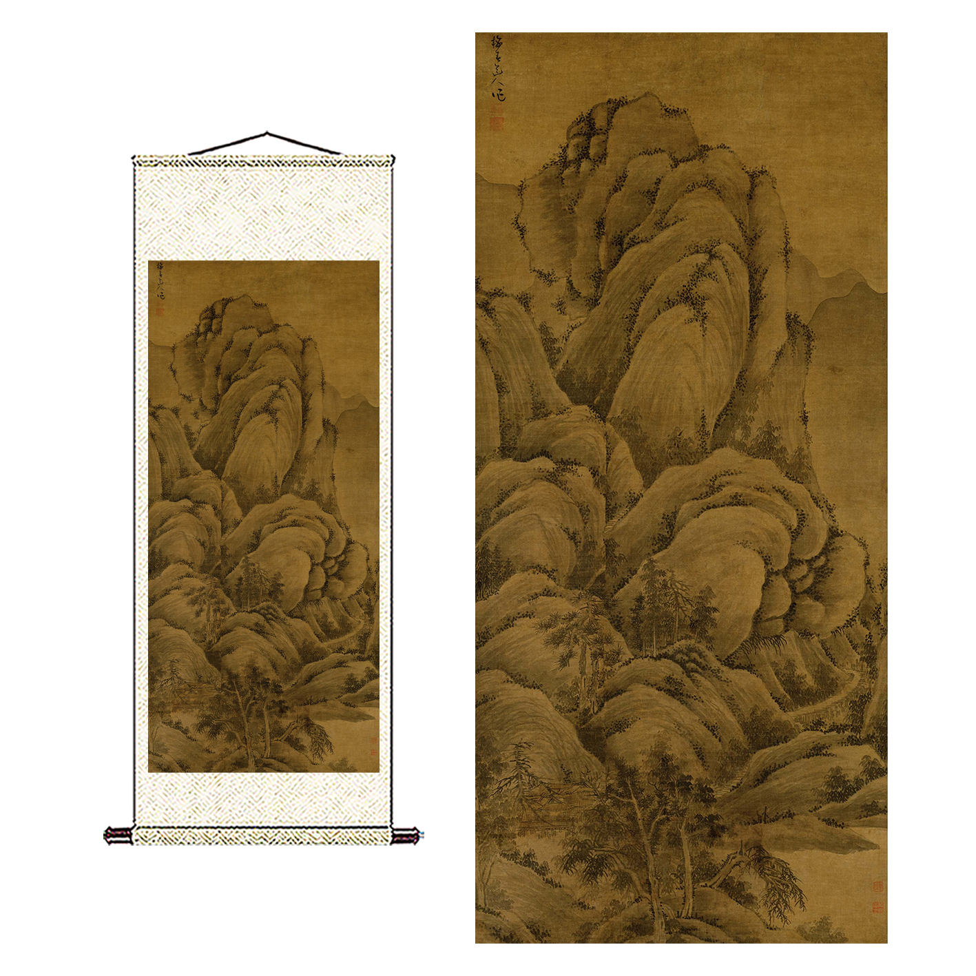 新品元吴镇溪山高隐图轴绢本墨笔画山水画国画风景临摹装饰画挂画