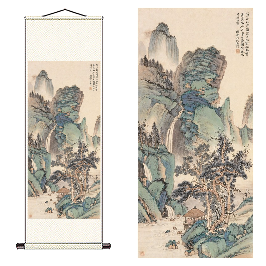 冯超然青绿山水高清微喷近现代山水画临摹绢布画稿传统山水画范本