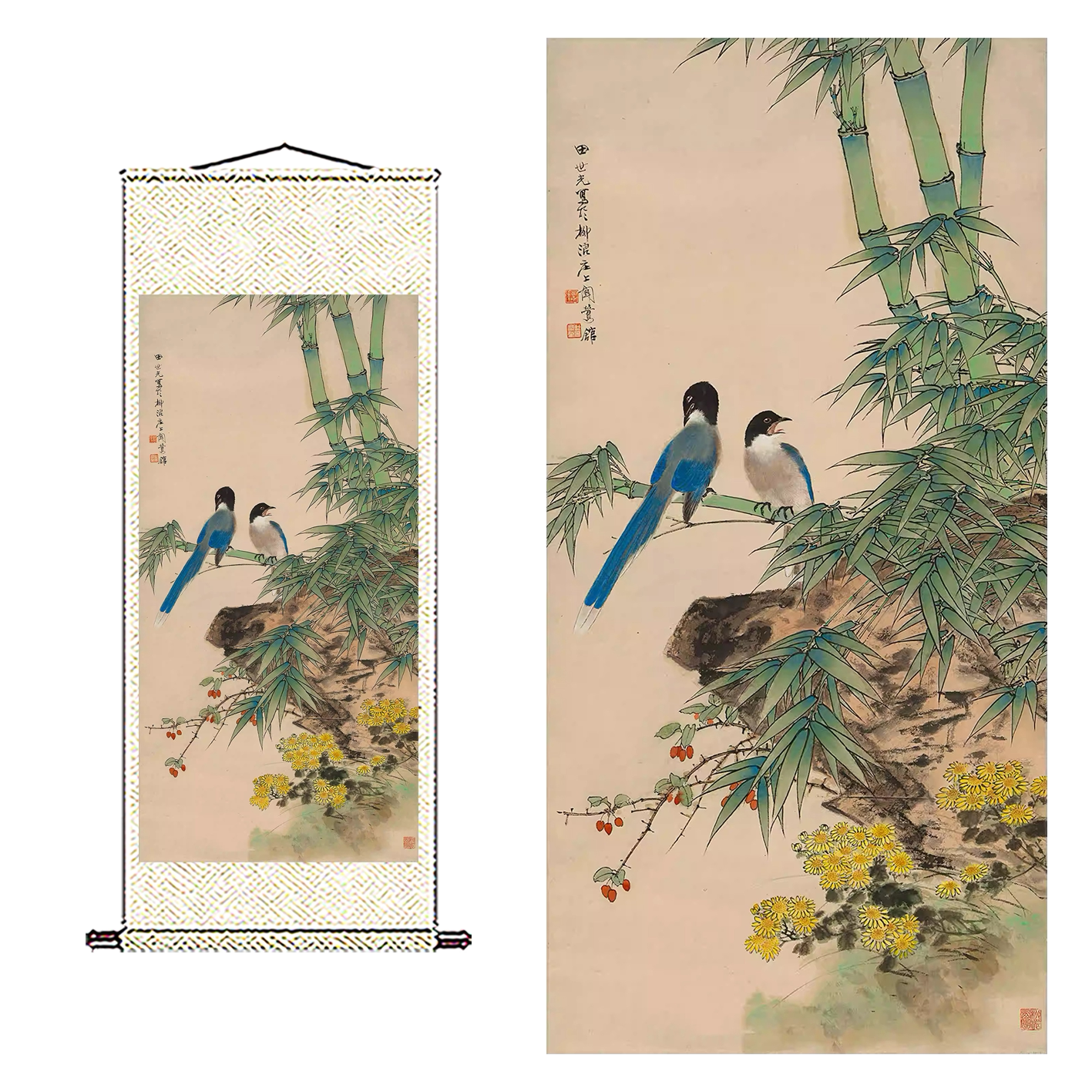 近现代 田世光 翠竹双寿图立轴工笔花鸟超清微喷玄关走廊装饰画