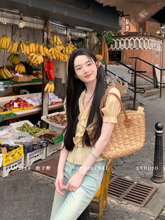 气质显瘦百搭小众设计拼接女短袖 欣子野 夏季 夏眠 衬衫