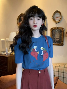 公主 T恤女 复古港风公主印花显瘦蓝色短袖 欣子野品牌 夏季 新款
