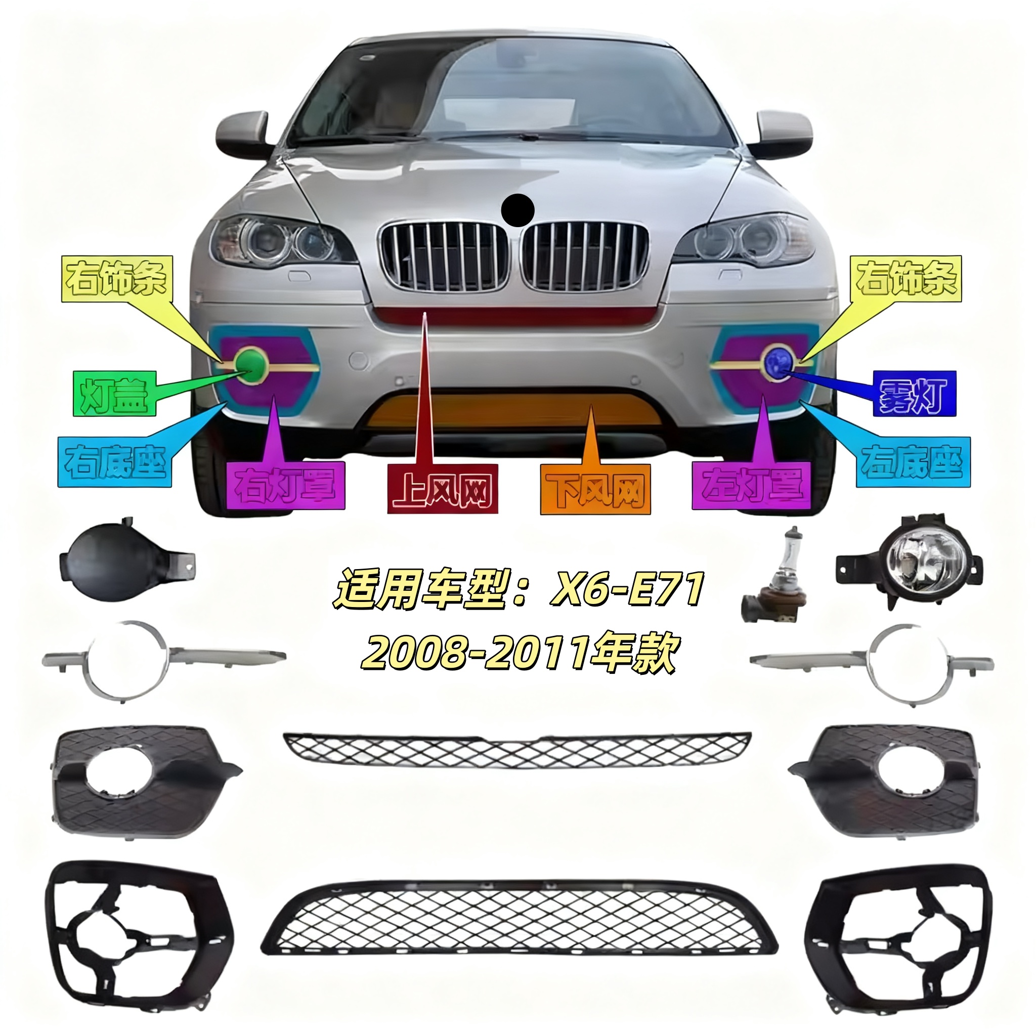 适用宝马X6前杠格栅E71保险杠风网X6雾灯罩雾灯框前杠灯支架底座