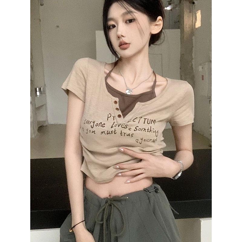 美式复古正肩短袖t恤女小众设计感辣妹修身短款挂脖假两件上衣夏