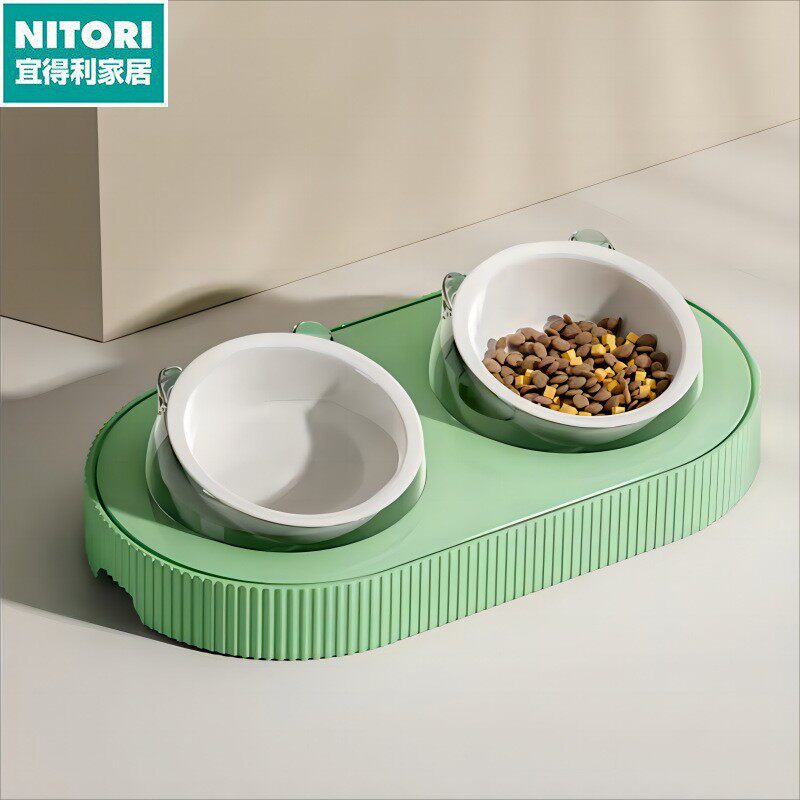 日本进口便宜得利猫碗陶瓷双碗猫食盆斜口猫粮碗狗碗狗盆喝水一体