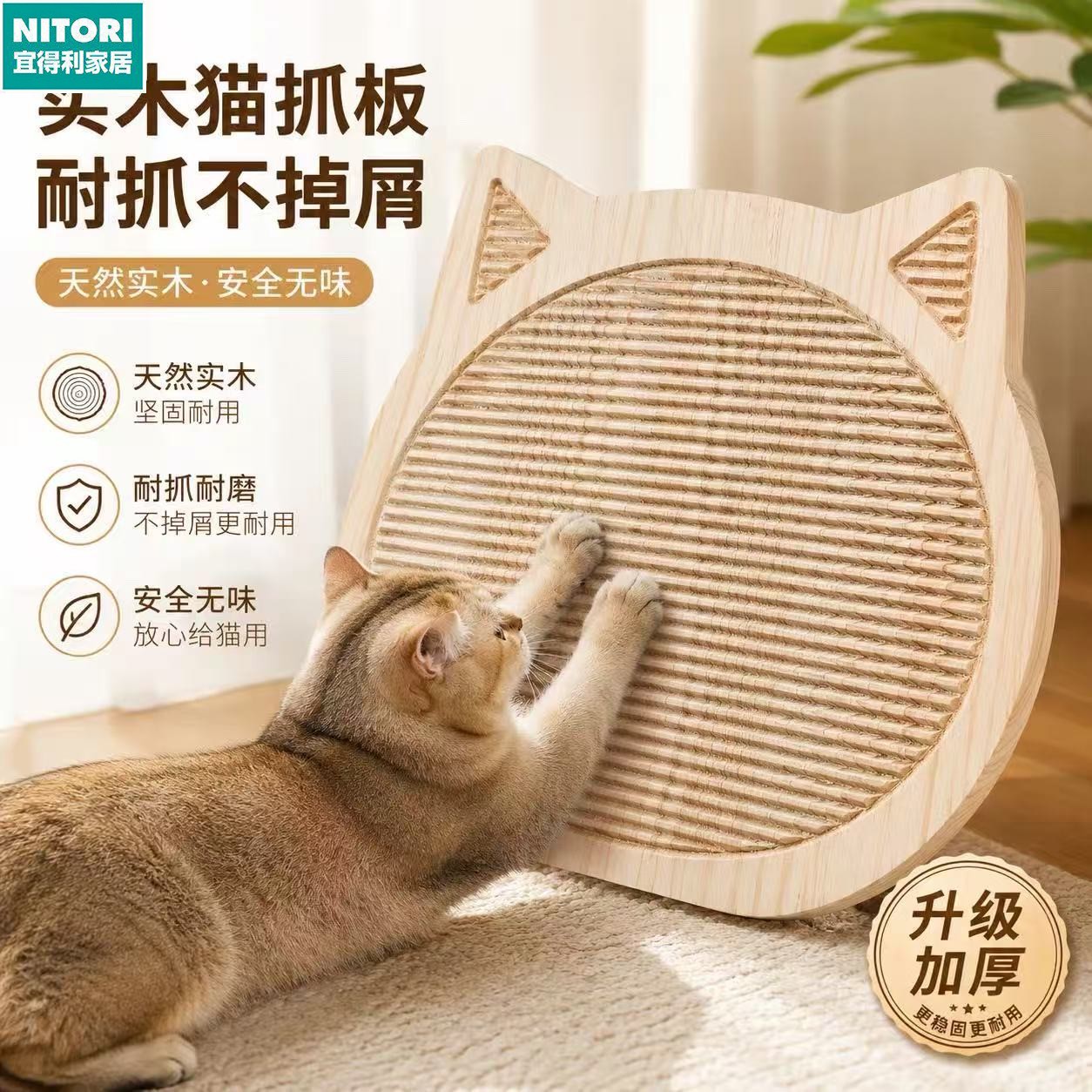 日本进口便宜得利天然实木猫抓板 防掉屑猫爪垫 宠物日常磨爪用具