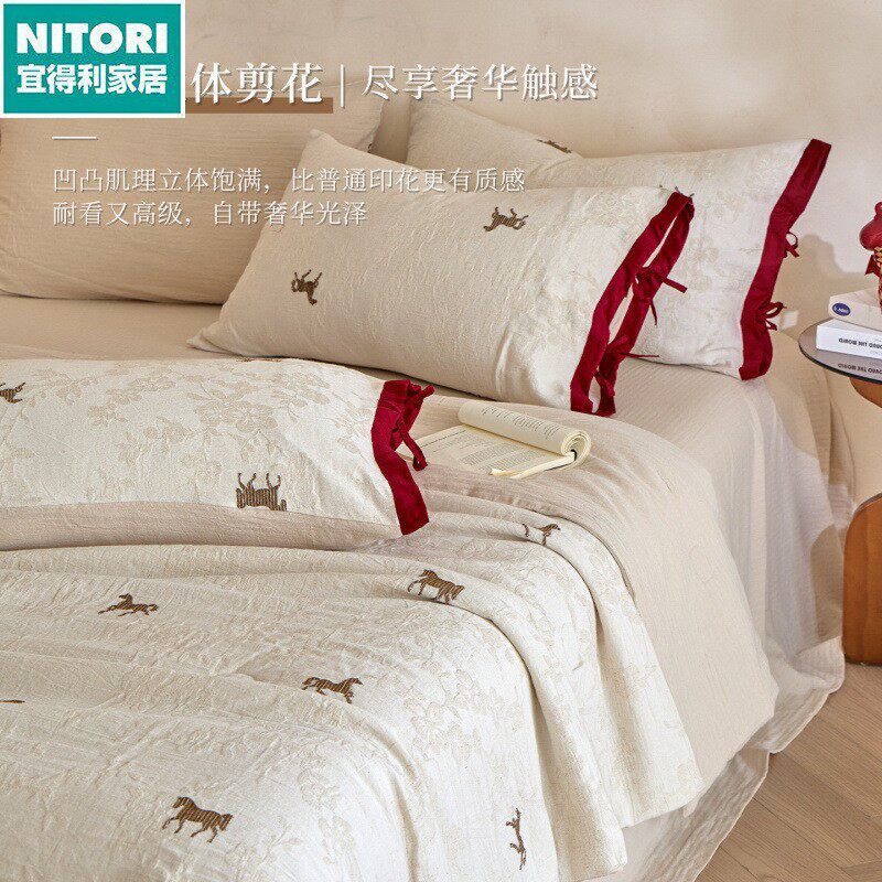 日本进口便宜得利夏季全棉麻夏被四件套纯棉亚麻提花夏凉被子薄款