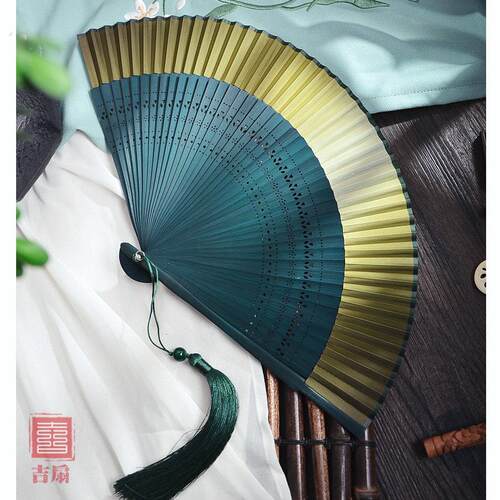 纯色渐层扇子新中式晨袍拍照道具古典折扇网红结婚新娘中国风扇子