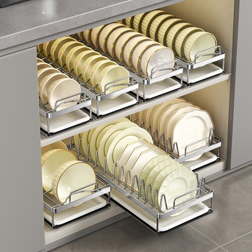 抽拉不锈钢抽拉碗碟收纳架厨房抽屉式拉篮橱柜内置沥水碗架置物架