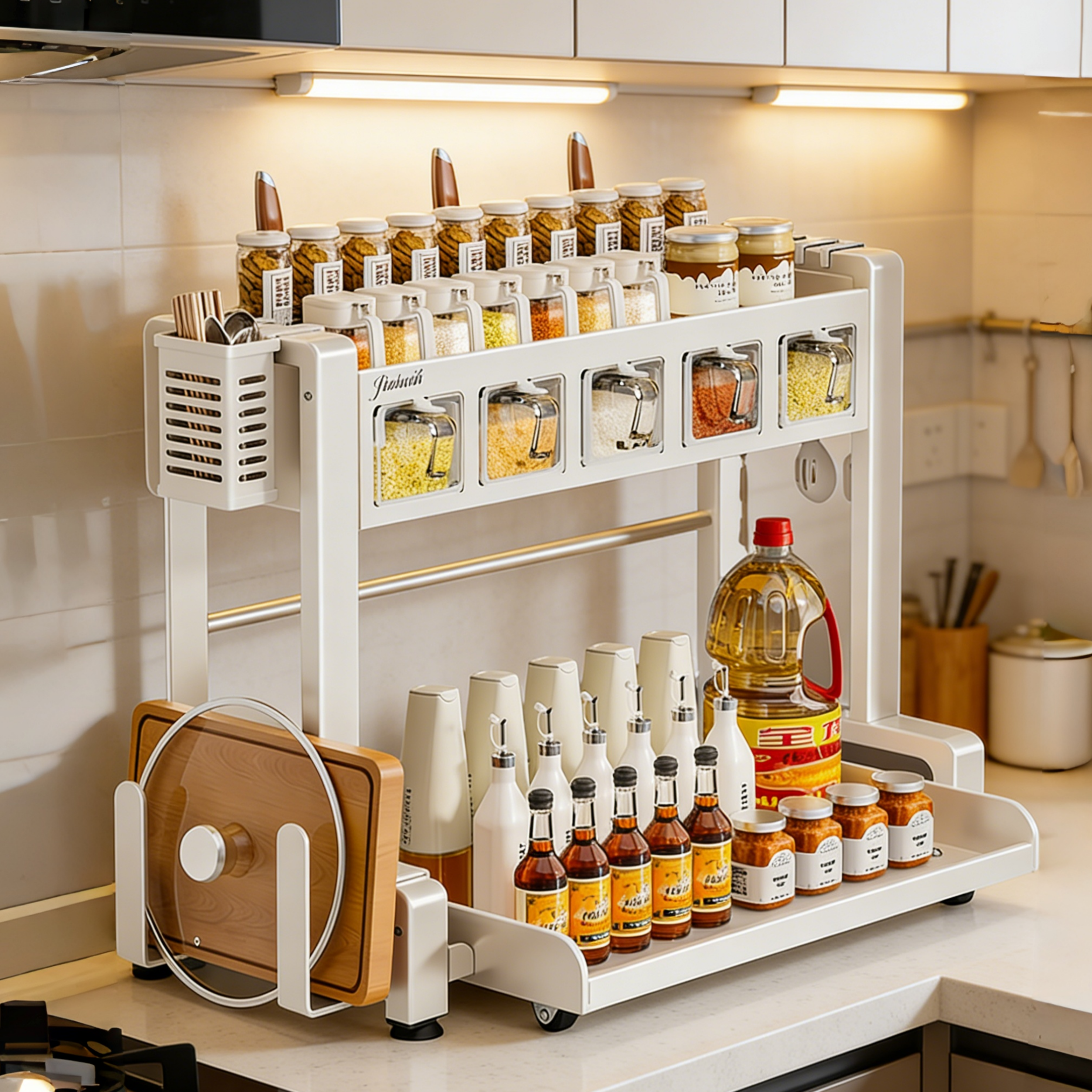 2026新款抽拉式厨房调料品置物架多功能台面调味料瓶罐筷子收纳盒