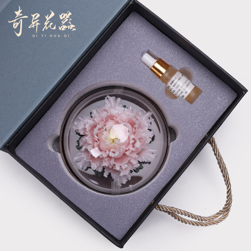 创意陶瓷牡丹花香薰摆件木底座车载汽车摆件室内办公室扩香器礼品