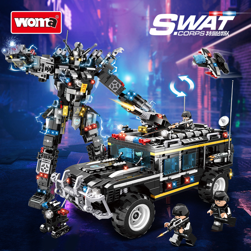 沃马积木特警战队装甲车男孩子拼装汽车玩具儿童小颗粒变形机器.
