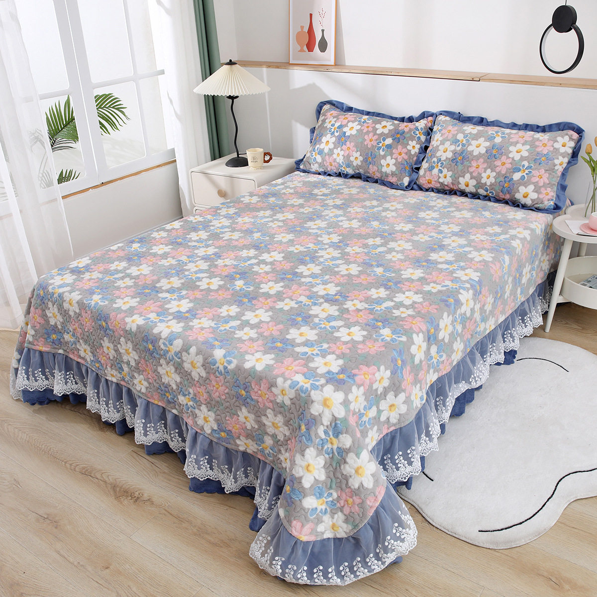 三件套公主风冬季牛奶绒床盖水晶绒保暖夹棉防滑床单双人四季通用,床上用品,床单,淘宝优惠券,粉丝福利购,淘宝优惠卷