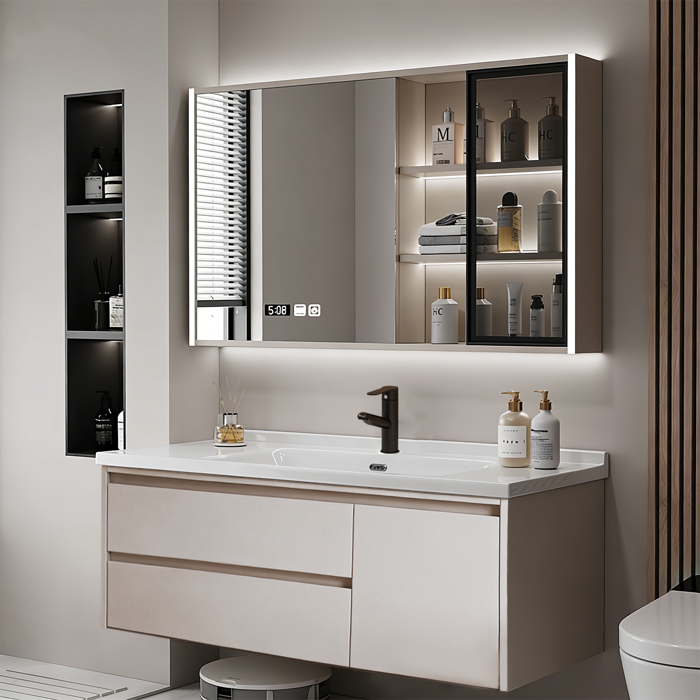 新款奶油风浴室柜陶瓷一体盆洗脸盆卫生间洗手盆柜组合洗漱洗手台