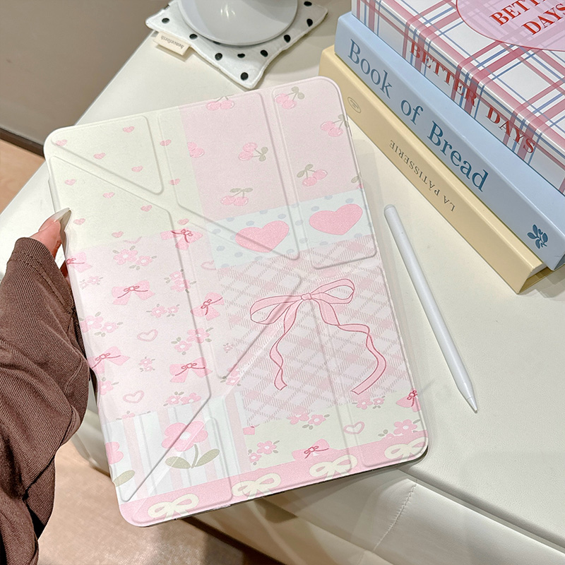 韩风粉色拼接格纹花朵蝴蝶结适用ipad10代保护壳air6/7新款pro2024带笔槽11寸三+Y折防摔10.2/10.9苹果平板套