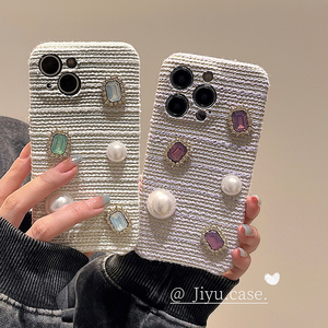韩系小香风立体珍珠宝石适用iPhone15promax手机壳苹果14新款13pro小众毛呢14pro创意11女12软壳15全包手机套