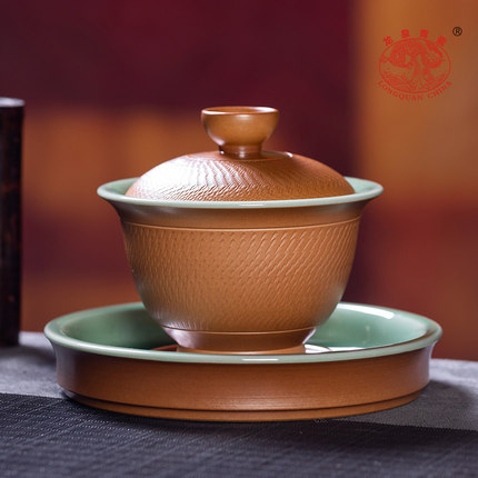 龙泉青瓷三才盖碗茶杯大号家用纯手工跳刀泡茶碗陶瓷功夫茶具高档