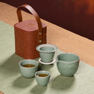 泡茶壶茶杯功夫泡茶具陶瓷便携式 龙泉青瓷旅行茶具套装 户外快客杯