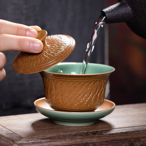 龙泉青瓷三才盖碗单茶杯