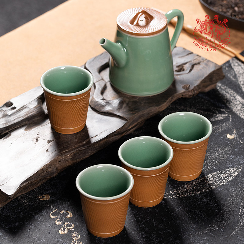 龙泉青瓷正品手工跳刀茶具套装家用功夫茶杯陶瓷茶壶组合一壶四杯