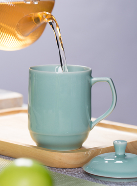 龙泉青瓷办公杯茶杯带手柄陶瓷中式复古防烫会议茶水杯马克杯子