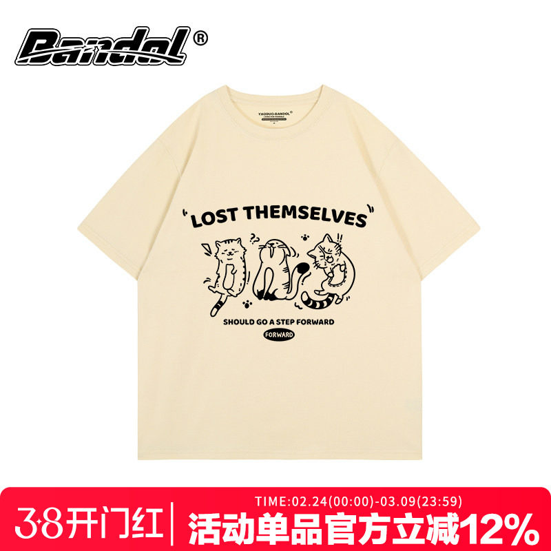 chic日系学院风奶fufu卡通猫咪印花杏色短袖t恤女显瘦大版上衣夏