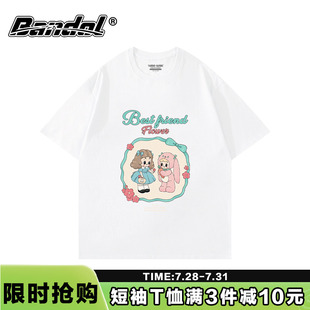 韩系ins学生复古卡通印花白色短袖 潮 t恤女新款 百搭慵懒风正肩半袖