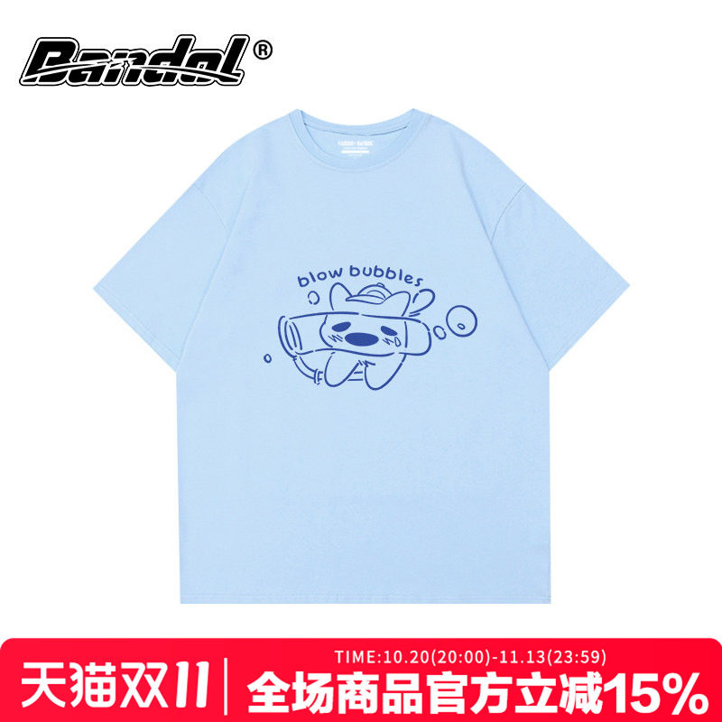 韩版可爱创意狗狗印花奶蓝色圆领短袖t恤女个性oversize百搭打底