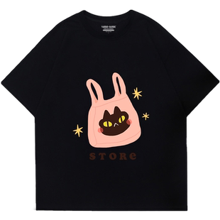 2026夏季新款创意猫咪印花砖红色短袖t恤女ins风百搭街头学生半袖