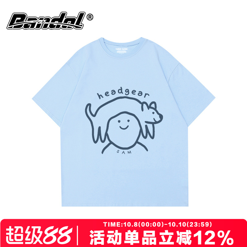 夏季新款简约风狗狗印花奶蓝色短袖t恤女oversize慵懒风百搭上衣