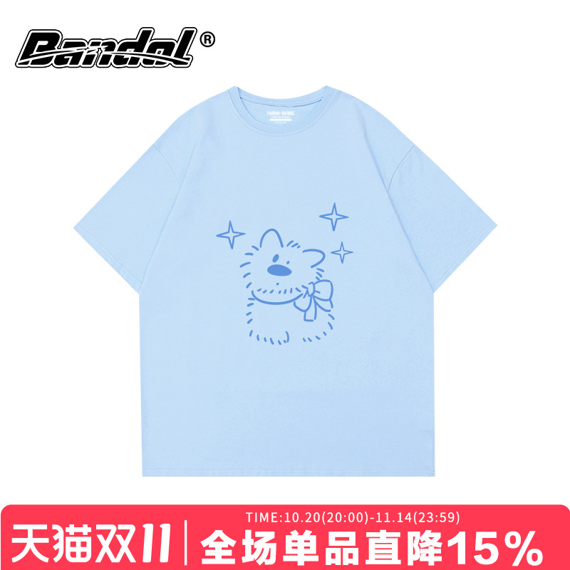 韩版百搭学院风可爱狗狗印花奶蓝色大码短袖t恤女oversize半袖潮