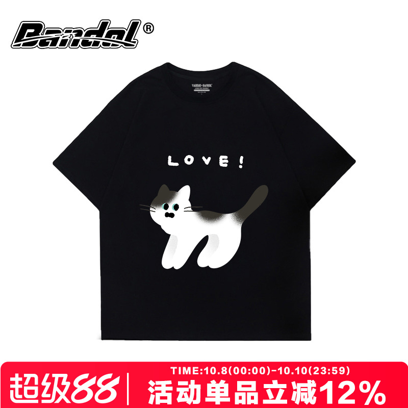 日系ins简约风猫咪印花黑色短袖t恤女chic小众显瘦大码正肩半袖夏