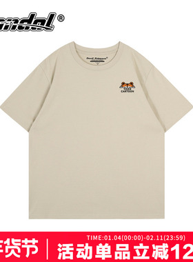 新款学院风小众卡通浅卡其色短袖t恤女oersize大码百搭复古半袖潮