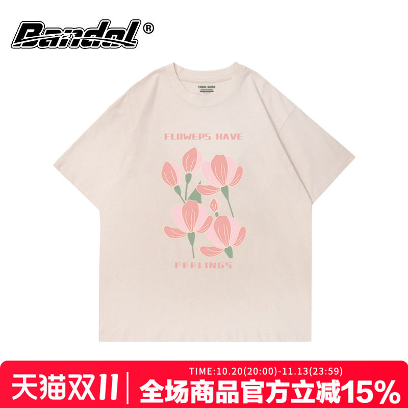 chic港风小众ins潮牌印花T恤女百搭杏色短袖oversize慵懒风上衣潮