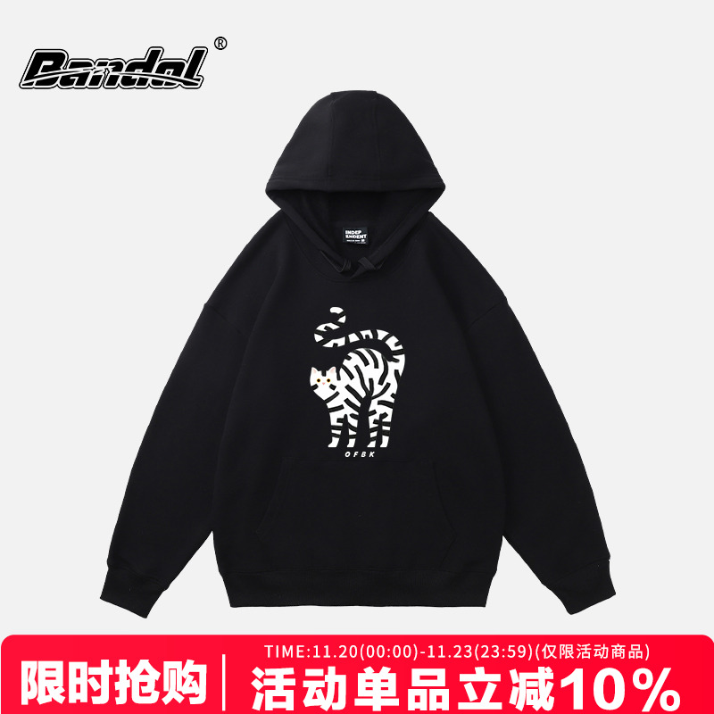 韩版设计感女生可爱猫咪印花黑色连帽卫衣oversize宽松长袖外套潮