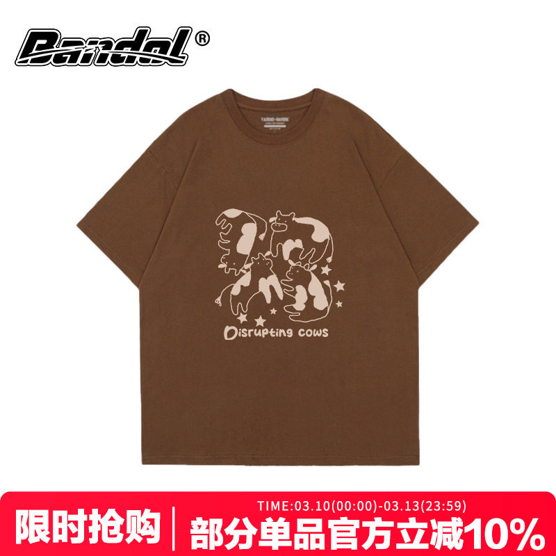 韩版ins简约可爱风奶牛卡通印花咖啡色圆领短袖t恤女百搭大码半袖