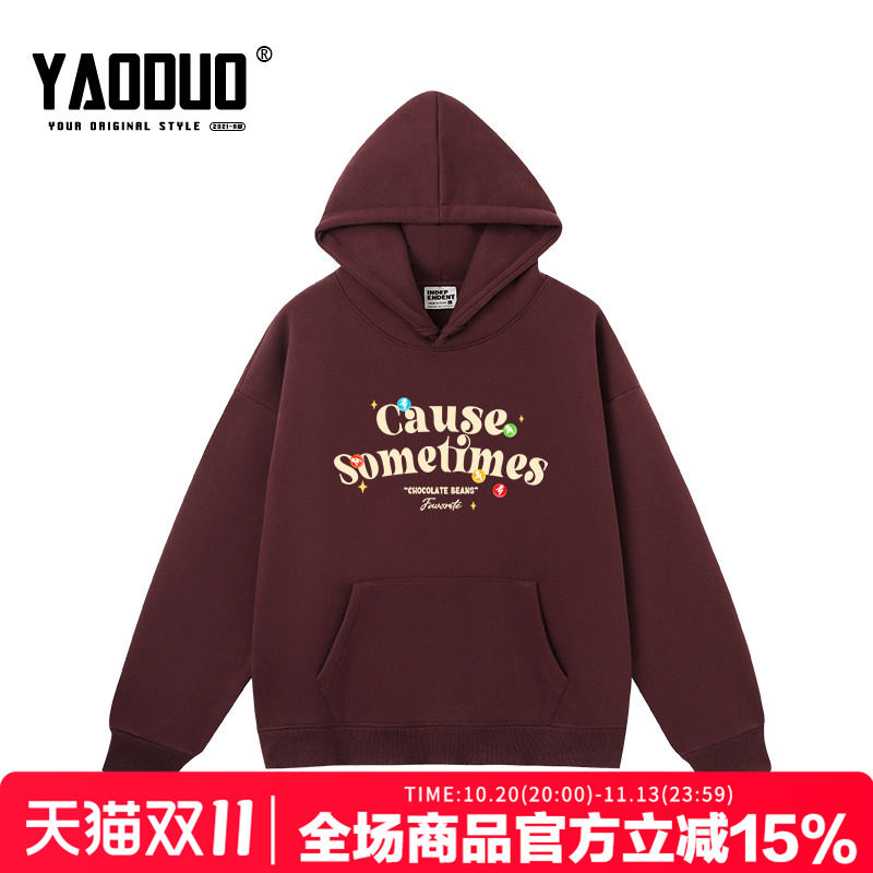 vintage美式卡通学院风字母印花酒红色连帽卫衣女宽松休闲上衣潮