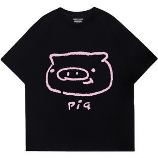 日系学院风简约卡通印花黑色短袖t恤女oversize百搭正肩半袖上衣