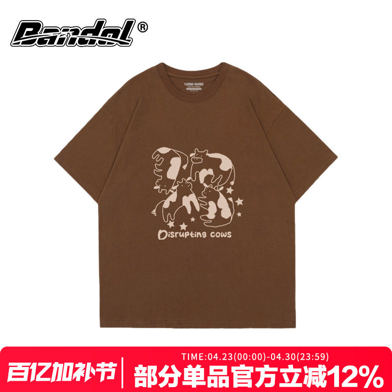 韩版ins简约可爱风奶牛卡通印花咖啡色圆领短袖t恤女百搭大码半袖