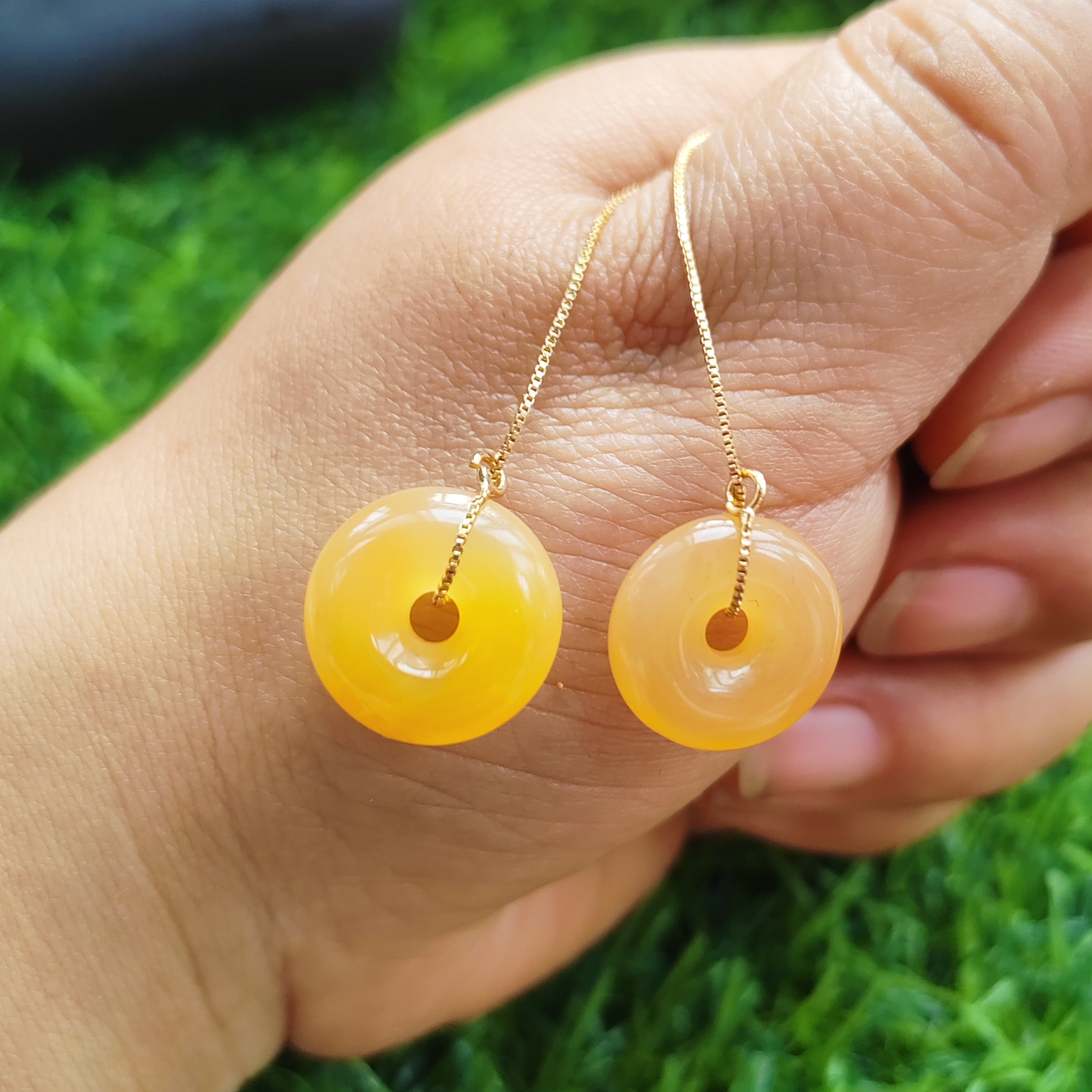 圆满幸福纯天然玉石平安扣耳线耳坠纯银正品黄龙玉平安扣耳饰15*6