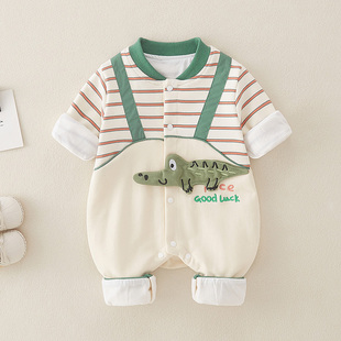 卡通洋气新生儿长袖假两件连体衣男宝宝婴儿春秋款条纹纯棉外出服