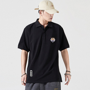 宽松ins翻领T恤 日系加大码 2025本命年老虎刺绣潮牌polo衫 男女短袖