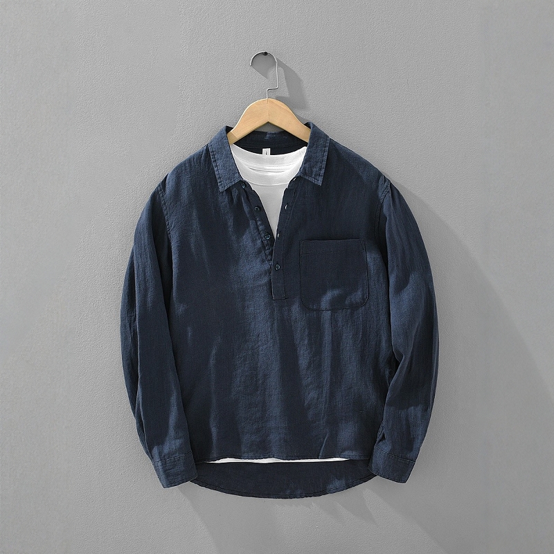 高级感夏季纯色长袖衬衫男士潮牌复古宽松透气休闲时尚百搭衬衣男