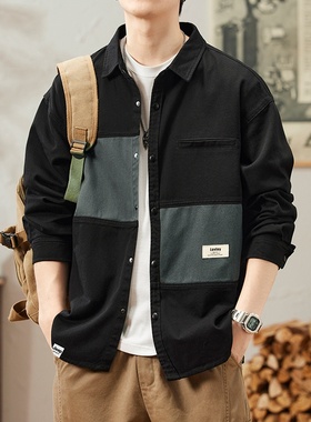 设计感！撞色拼色！春秋季男士时尚休闲帅气宽松长袖衬衫衬衣潮牌