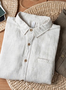 秋季港风简约亚麻衬衫男士长袖宽松翻领高级衬衣百搭休闲时尚外套