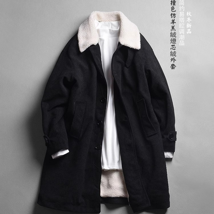 男士中长款翻领加厚加绒风衣外套2025秋冬宽松时尚灯芯绒棉服棉衣