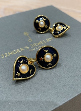 Vintage古董首饰海外定制复古传统珐琅工艺深海蓝珍珠耳钉耳环